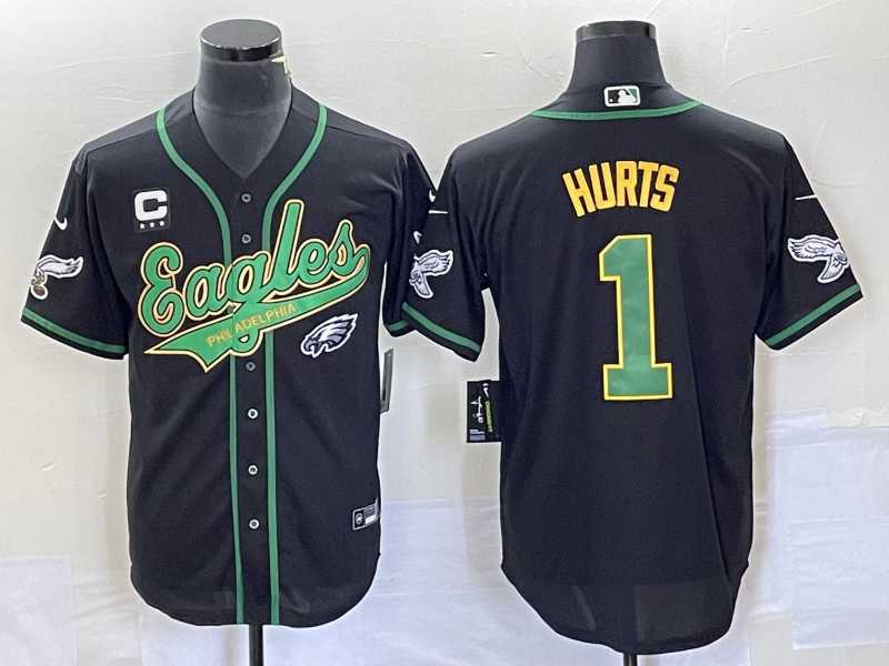 Mens Philadelphia Eagles #1 Jalen Hurts Black With C Patch Cool Base Stitched Baseball Jerseys